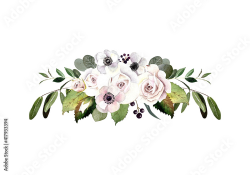 Flower composition with leaves on white background. Watercolor illustration