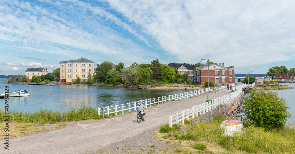 Finland. Helsinki .Panorama on the island of Suomenlinna with a bridge and buildings and water on the sea .