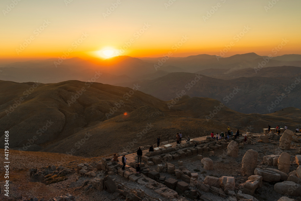 Kahta, Adiyaman, Turkey - September 14 2020: Commagene statue ruins on top of Nemrut Mountain.