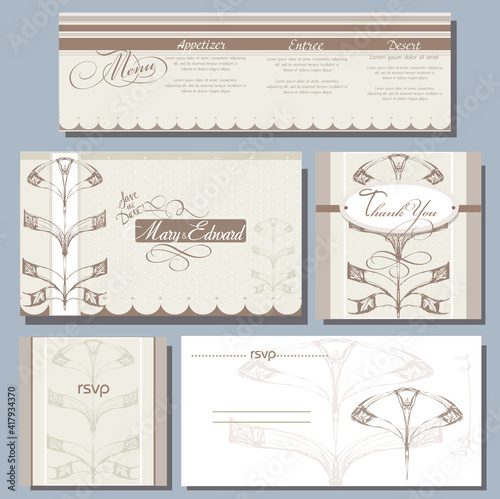 elegant wedding card with geometric ornament 
Invitation, rsvp card, menu design. Floral wedding templates.