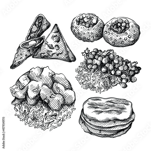 Hand drawn sketch set of Indian cuisine. Indian tortillas, Paneer Butter Masala, Butter Chicken, Pani puri, Samsa, samosa 
