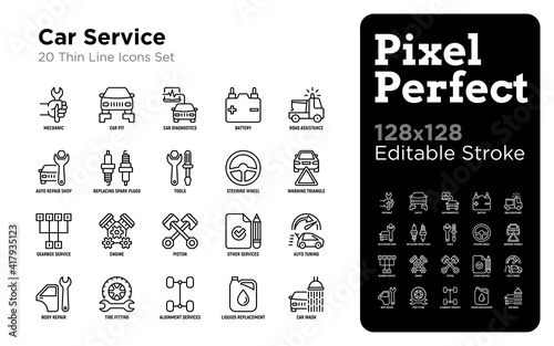 Car service thin line icons set: mechanic, car pit, computer diagnostics, road assistance, battery, body repair, tire fitting, replacing spark plugs. Pixel perfect, editable stroke Vector illustration