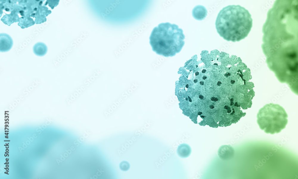 Coronavirus, Covid-19, 3D illustration. Blue cell white background. Microscopic view of floating virus cells. Influenza, 2019-ncov flu. Concept of a pandemic, viral infection. Coronavirus, Covid-19, 3D illustration. Blue cell white background. Microscopic view of floating virus cells. Influenza, 2019-ncov flu. Concept of a pandemic, viral infection.