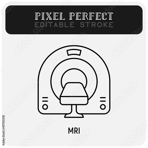 MRI scanner thin line icon. Medical equipment for oncology detection. Pixel perfect, editable stroke. Vector illustration.