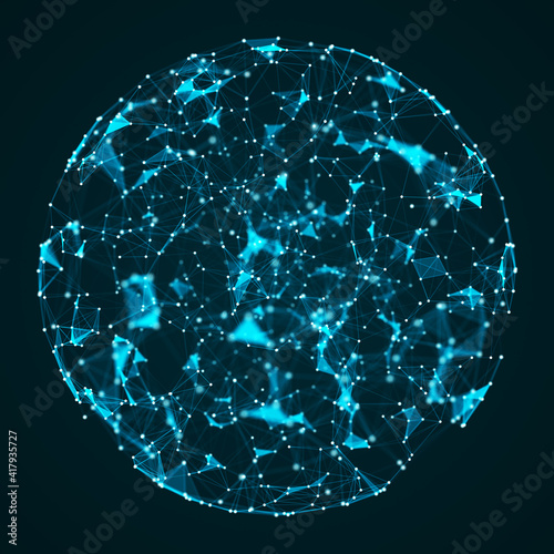 Abstract 3D sphere of particles and lines. Network or connection. Ball or globe of points. Futuristic digital technology background. Illustration of sphere. 3d rendering