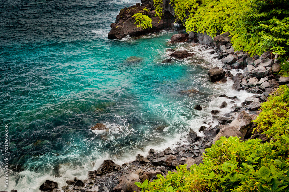 Honokalani beach, black sand beach, Waianapanapa State Park, Maui, Hawaii, USA