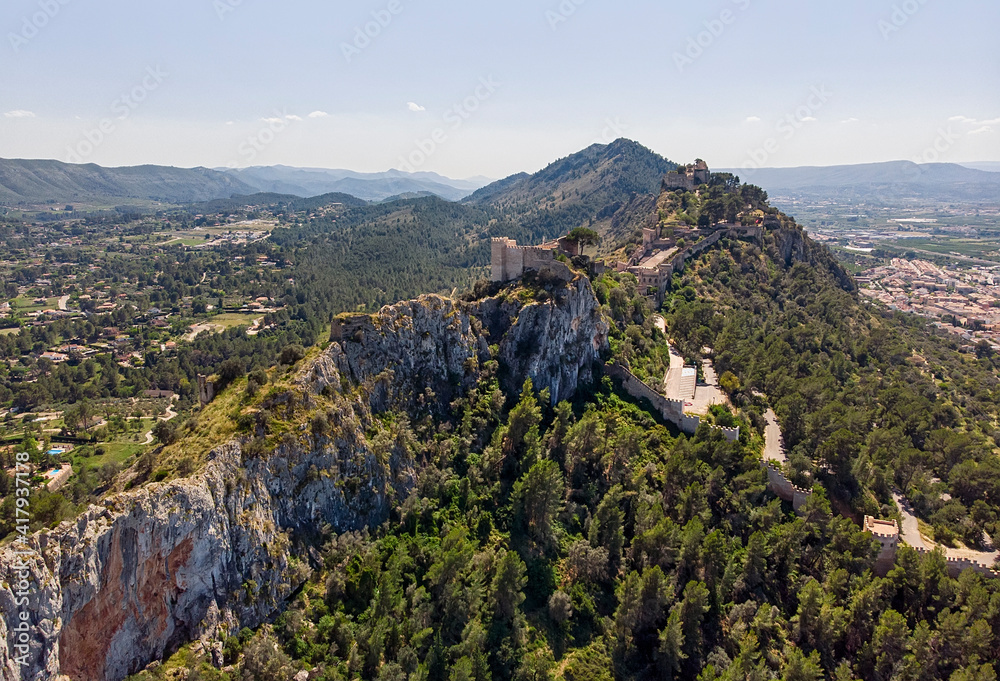 Naklejka premium Aerial view to Xativa castle located on mountain top. Spain
