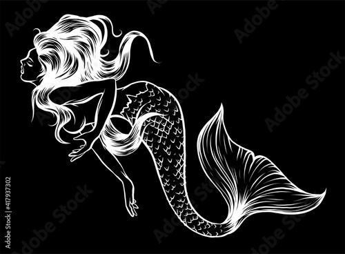 silhouette Beautiful mermaid with. Hand drawn illustration. vector
