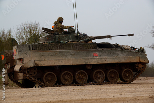 british army FV510 warrior light infantry fighting vehicle tank on maneuvers Salisbury Plain, Wiltshiree