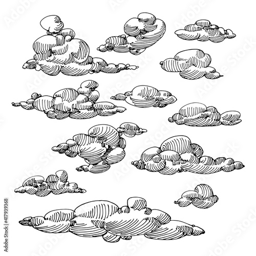 set of clouds in the sky, ornament elements, weather phenomenon, vector illustration with black ink lines isolated on a white background in a doodle and hand drawn style