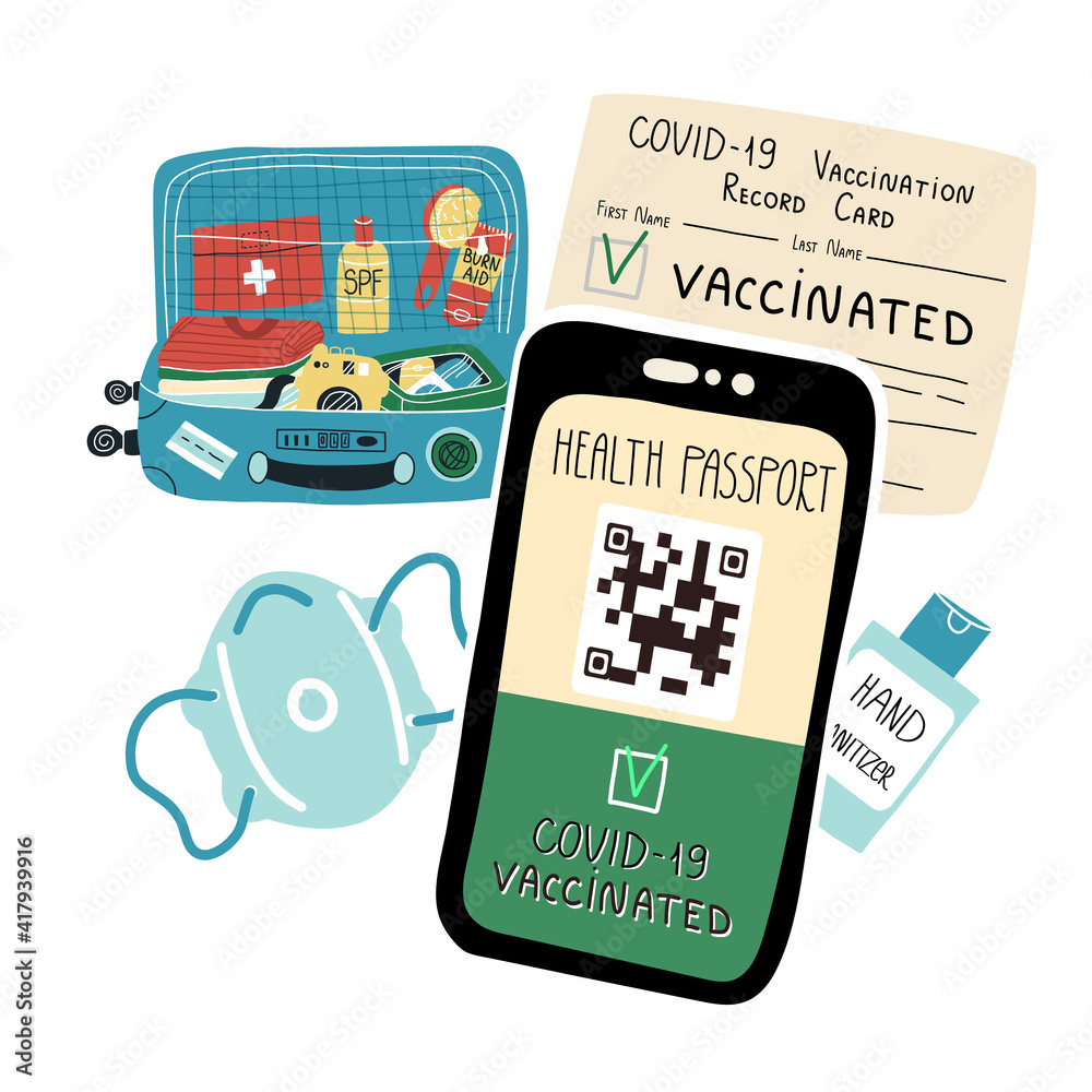 Naklejka premium Packing to travel 2021 set.Clothes, documents, hand sanitizer and medical face mask, Health pass app or Vaccination card