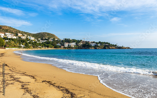 Panorama over the beautiful beach l Almadrava in the gulf of Rosas  Mediterranean sea  Costa Brava  Catalonia  Spain