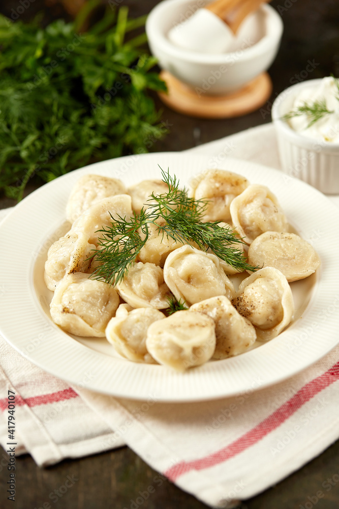 Homemade handmade dumplings, organic from farm meat with herbs and sauce, Russian national cuisine Homemade handmade dumplings, organic from farm meat with herbs and sauce, Russian national cuisine