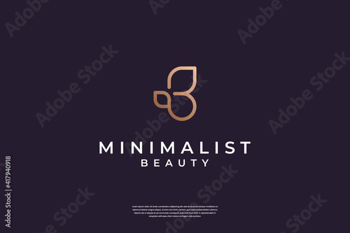 Luxury initial B and leaf logo design with line art style