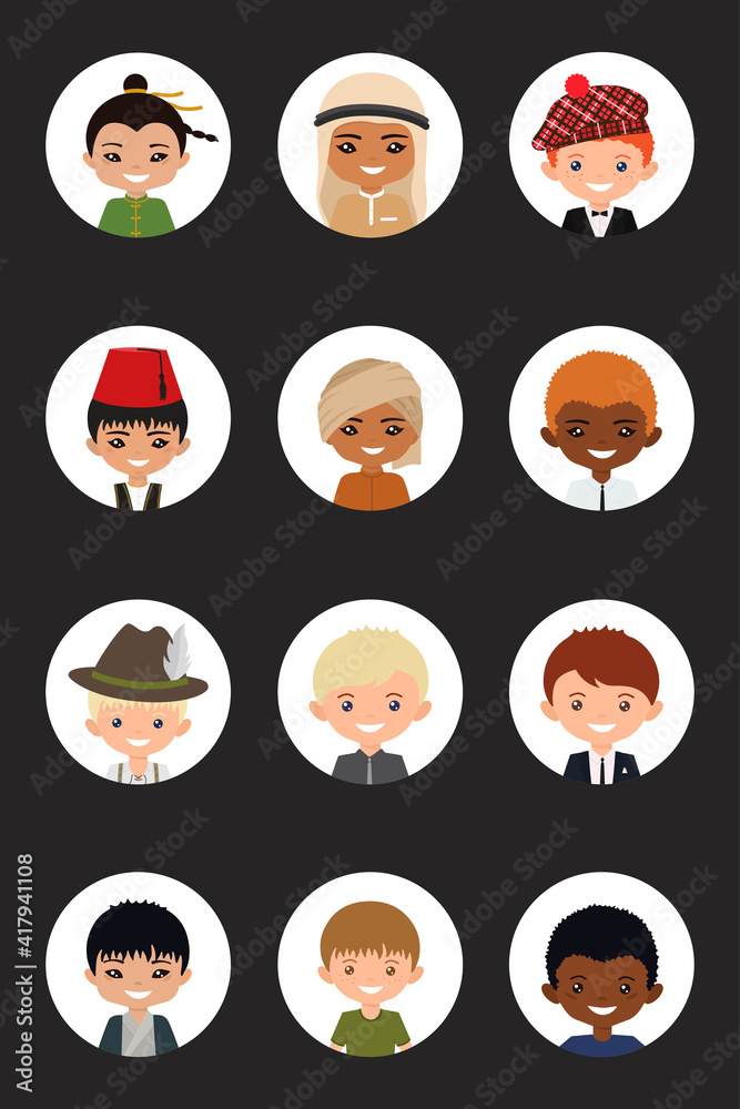 Icons set of users of men of different nationalities. Cartoon flat style