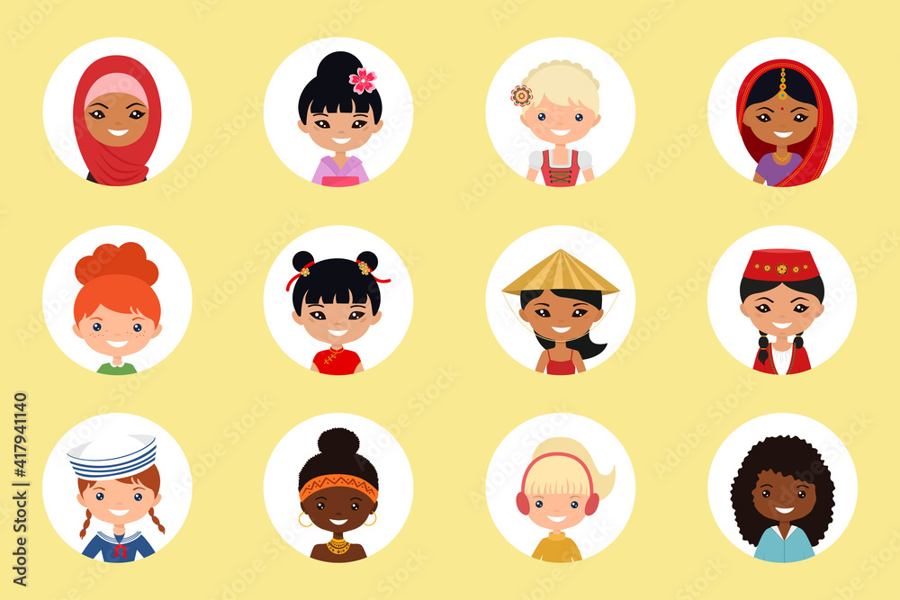User icons of women of different nation on light background. Cartoon flat style User icons of women of different nation on light background. Cartoon flat style