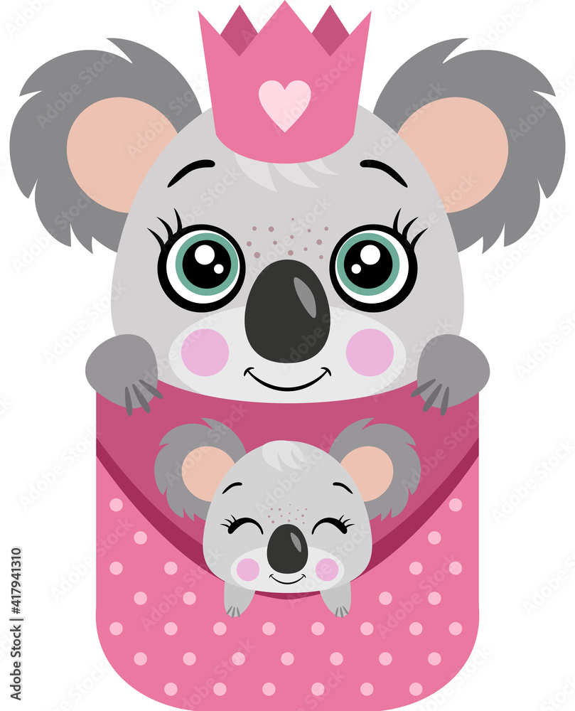 Koala mom with her baby peeking in her pocket