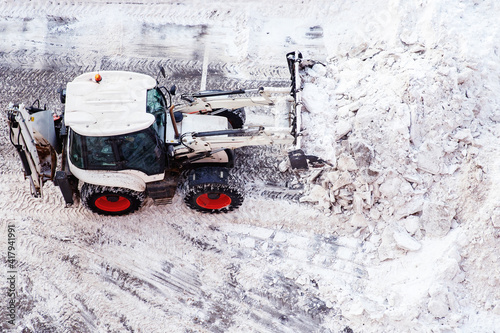 Snow removal excavator truck, Drone top view