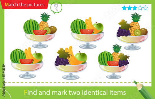 Find and mark two identical items. Puzzle for kids. Matching game, education game for children. Vases with fruits and berries. Grape, apple, kiwi, watermelon, banana, pineapple