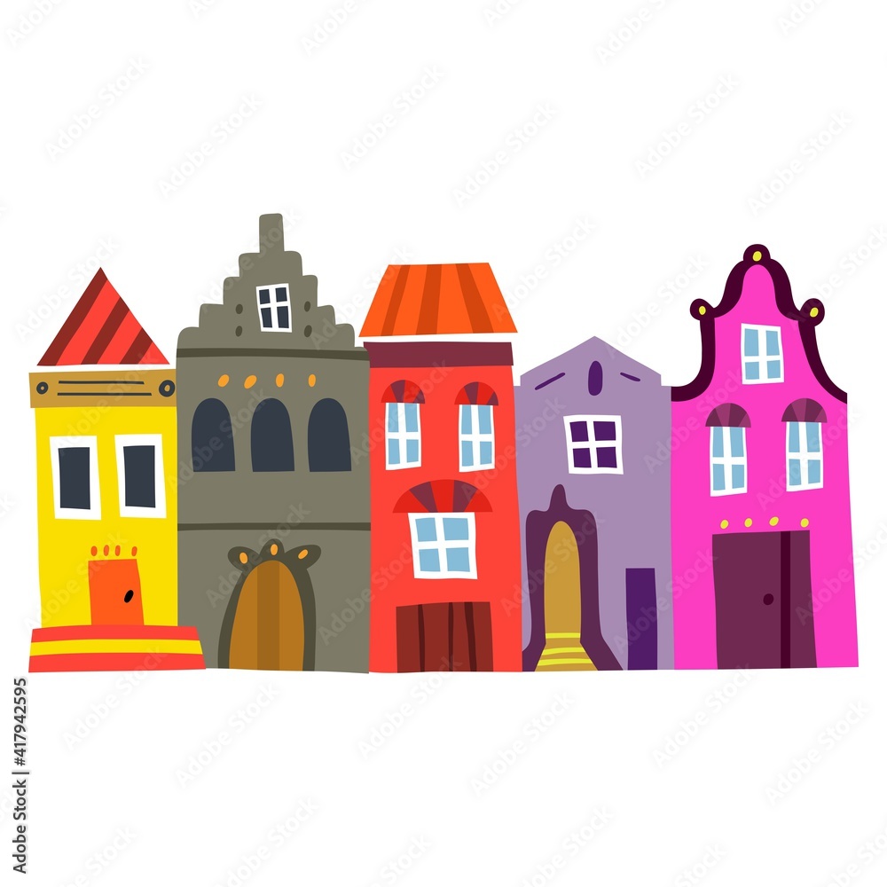 Vector Illustration of Amsterdam Cute and Colourful Houses. Vector image isolated on a white background. 