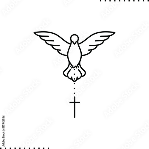 A flying dove holding Christian cross  vector icon in outlines