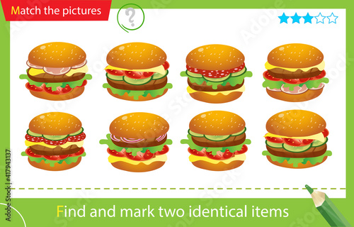 Find and mark two identical items. Puzzle for kids. Matching game, education game for children. Hamburgers or cheeseburgers with tomatoes, salami, cutlet, beef, salad and cheese. Food.