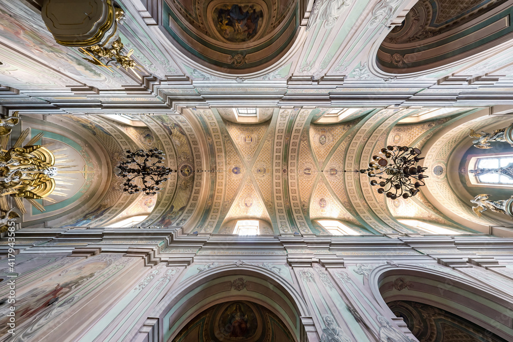 POLAND, TYCOCYN - MAY 2020:  interior dome and looking up into a old defense orthodox church ceiling
