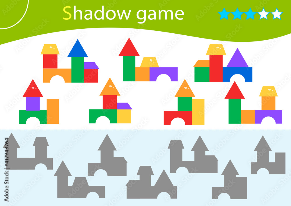 Shadow Game for kids. Match the right shadow. Toy pyramids. Worksheet vector design for children