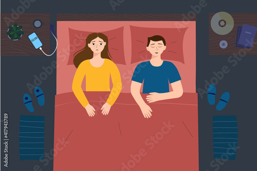 Couple in bed in darkness night room. Tired woman suffers from insomnia and tries to sleep. Problems with stress, depression, nightmares. Vector illustration with Insomnia concept