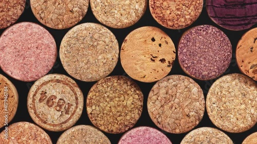 The movement of various wooden wine corks as a background. 