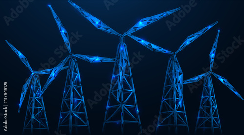 Wind power generator. A tower with a turbine. Polygonal construction of concatenated lines and points. Blue background.