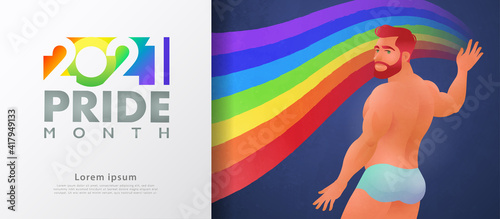 Colorful LGBT pride month banner for 2021. Muscle male flat character painting rainbow to represent LGBT rights and movements background. Vector illustration