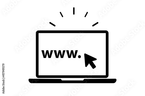 Laptop computer icon. Display with pointer mouse arrow cursor clicking on computer screen. Notebook mock up front view. Online services, web design, e-commerce and marketing, laptop cursor.