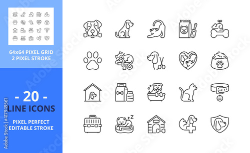 Line icons about dogs and cats. Pixel perfect 64x64 and editable stroke