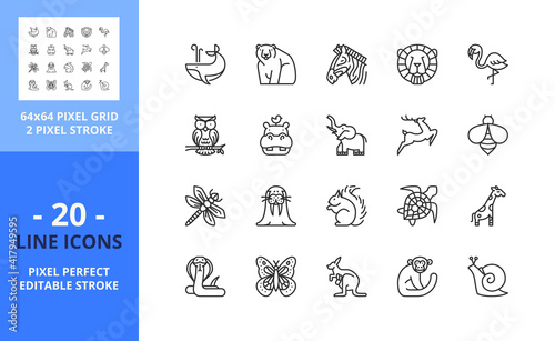Line icons about wild animals. Pixel perfect 64x64 and editable stroke