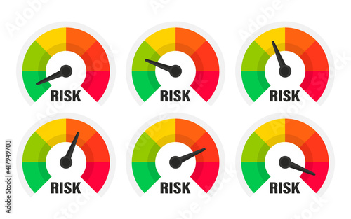 Risk meter. Risk concept on speedometer, vector illustration. Scale low, medium or high risk on speedometer. Set of gauges from low to high. Minimum to Maximum. Min Max. Customer satisfaction meter photo