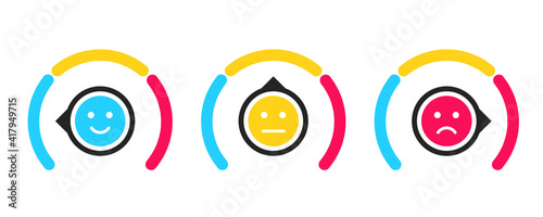 Set of emotions scales, Feedback concept. Rating meter, smiley like and dislike icons. Customer service satisfaction score. The measuring device with Different emotions from red to green
