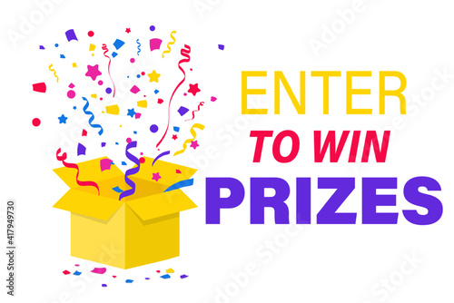 Open Gift Box with confetti explosion inside. Christmas Background. Enter to Win Prizes with gift box. Click to get your prizes. Confetti Flying from gift box. Giveaway for promo in social network