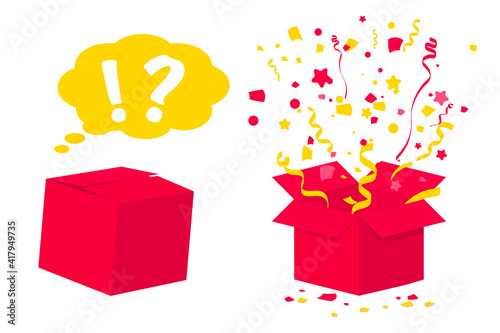 Surprise gift box. Surprise box with confetti and ribbons for ui, web, print design etc. Packaging surprise, open and closed paper box, emotional present, unusual gift idea concept. Birthday present