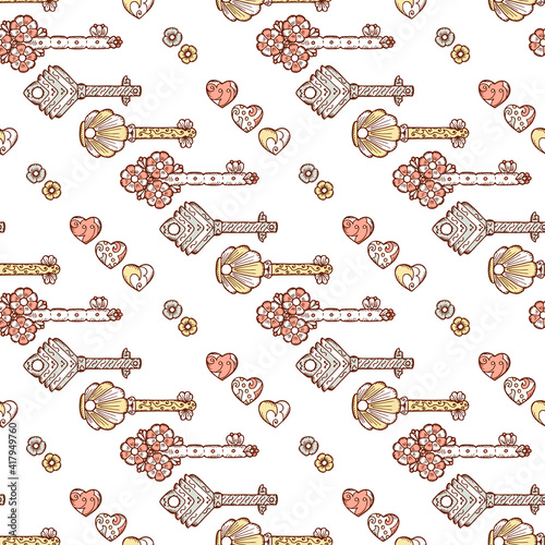 Door key. Hand drawn doodle keys - Vector Vintage Seamless pattern
