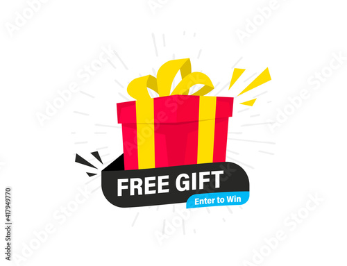 Free Gift Label. Element With Gift. Box banner. Free delivery. Gift concept. Promo banner with Surprise gift box. Vector Illustration