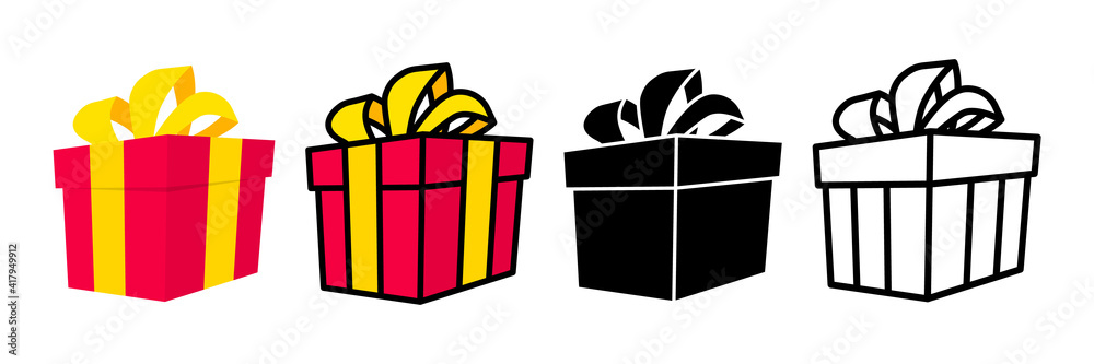 Gift boxes. Present box. Set of present boxes in differents style. Black thin line and color vector icon. Surprise in the box, gift, prize give away. Collection for Birthday, Christmas, sale, shopping Gift boxes. Present box. Set of present boxes in differents style. Black thin line and color vector icon. Surprise in the box, gift, prize give away. Collection for Birthday, Christmas, sale, shopping
