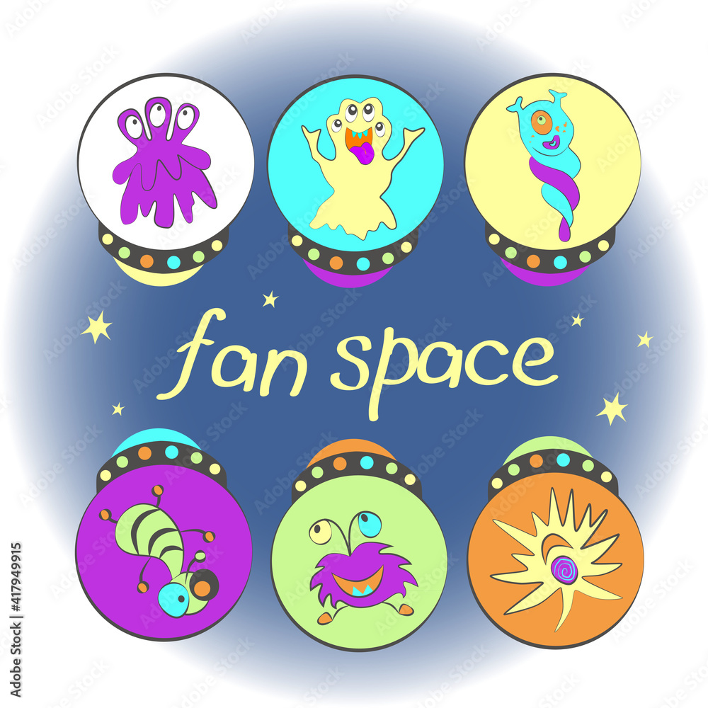 cheerful space.  aliens on a blue background.  children's textiles