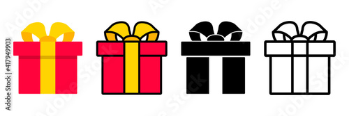 Gift boxes. Present box. Set of present boxes in differents style. Black thin line and color vector icon. Surprise in the box, gift, prize give away. Collection for Birthday, Christmas, sale, shopping