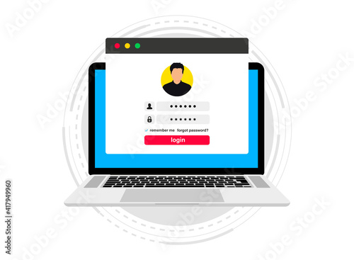 Login form on a computer. Online registration. Sign in to account. User authorization in a window on the laptop. login authentication page concept. Laptop with login and password form page on screen