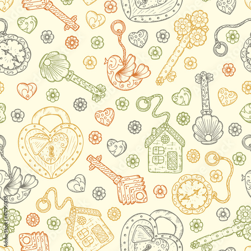 Hand drawn doodle lock, trinkets and keys - Vector Vintage Seamless pattern 