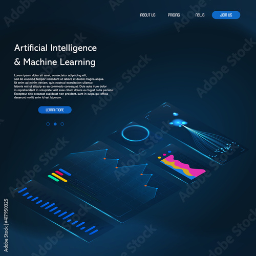 Big data abstract conceptual background. Machine learning algorithms image. Landing page template. Futuristic isometric infographic