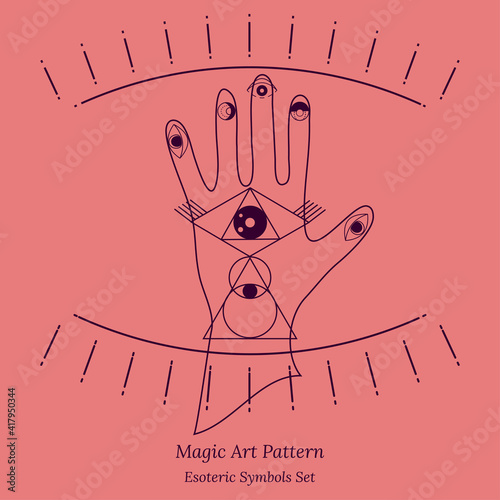 Set of esoteric symbols for fortune telling by hand. Illustration of magic session, look into future, connection with universe, hand and palmistry signs. Vector drawing for tarot cards, web pages.