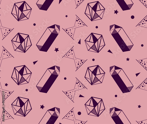 Set of magic items of alchemy and esoteric, philosophical magic stone, hourglass. Seamless pattern in style of tarot cards design for packaging, groups, web pages, business cards.