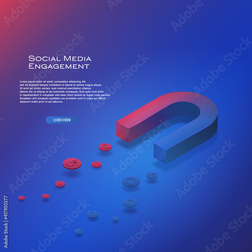 Isometric colorful magnet. Social media engagement illustration. SMM campaign concept